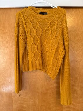 Derek Heart Mustard Cable Knit Asymmetrical Crop Sweater